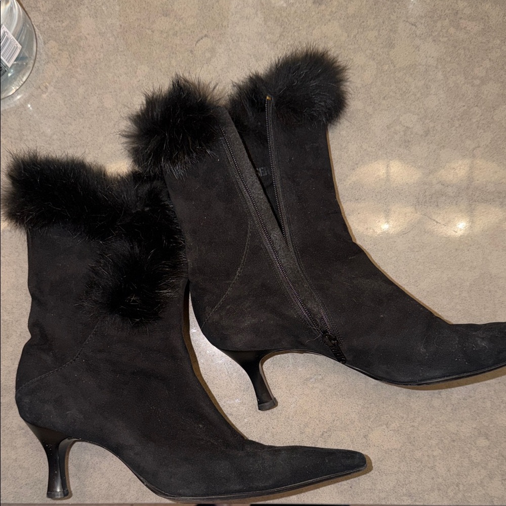 Peter Kaiser Black Suede Fur Trim Kitten Heel Boots Size 6 (UK 3.5)
